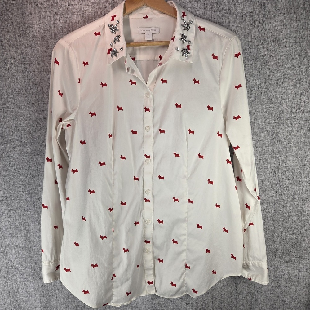 Charter Club White Scotty Rhinestone Collar Shirt Woman's 10 Whimsical Preppy